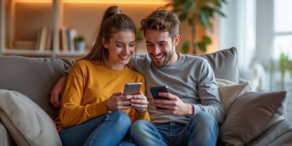 Junge Frau und junger Mann schauen auf ihr Smartphone und freuen sich