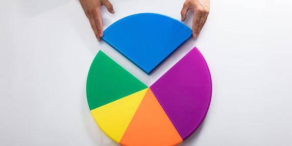 Zwei Hände fügen das letzte blaue Segment in ein fünfteiliges, buntes Kreisdiagramm ein